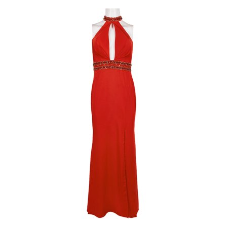 Dave & Johnny Embellished Halter Neck Slit Front Embellished Waist Zipper Back Cutout Back Satin Dress-RED / 0