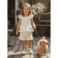 thumbnail image 4 of BemeyourBBs Toddler Baby Girl Summer Clothes Infant Baby Girl Smocked Cotton Linen Outfit Bow Flying Sleeve Ruffle Shirt Tops and Shorts Set 2 Piece Summer Outfit, 4 of 9