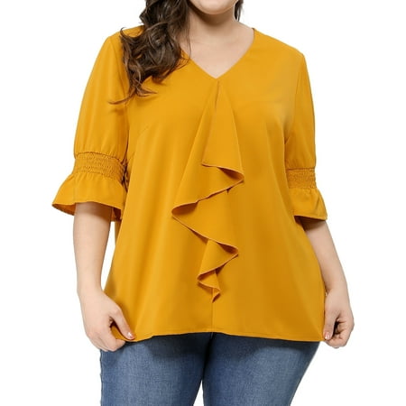 Women's Plus Size Ruffle Loose V Neck Smocked Sleeves Top
