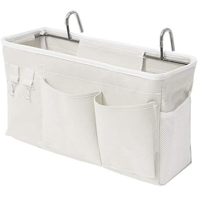 Bolsa de cama organizadora con gancho de alambre bolsa colgante bolsa de almacenamiento de cama alta para libros, revistas, teléfonos móviles, almacenamiento de auriculares en la cama (blanco) Adepaton LKX-1433