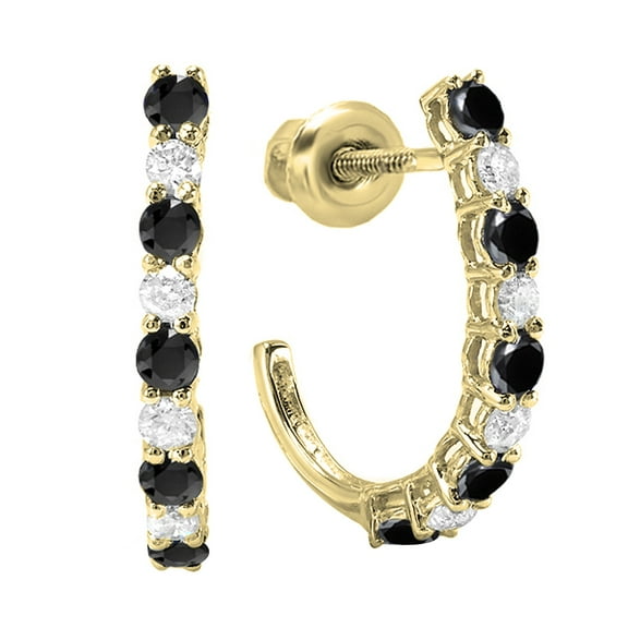 Dazzlingrock Collection 0.50 Carat (ctw) Round Black & White Diamond J Shaped Hoop Earrings for Women in 10K Yellow Gold