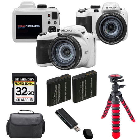 Kodak PIXPRO AZ425 Digital Camera (White) + Extra Battery +Tripod + Case -32GB Kit