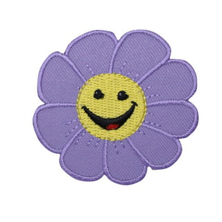 Small Flower Patch Applique With Yellow Centre Purple , Brown , Black ,  Green and Grey Daisy Flower Iron on Embroidered Badges 4cm Round 