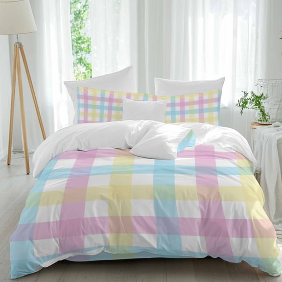 Easter Colors Plaid Full Size Comforter Set, Pink Blue Yellow Striped Spring Bedding for All Seasons, 4 Pcs Bed Set, 1Quiltcover (86"x86") ,1Sheet(80"x116"), 2Pillowcases (30"x20")