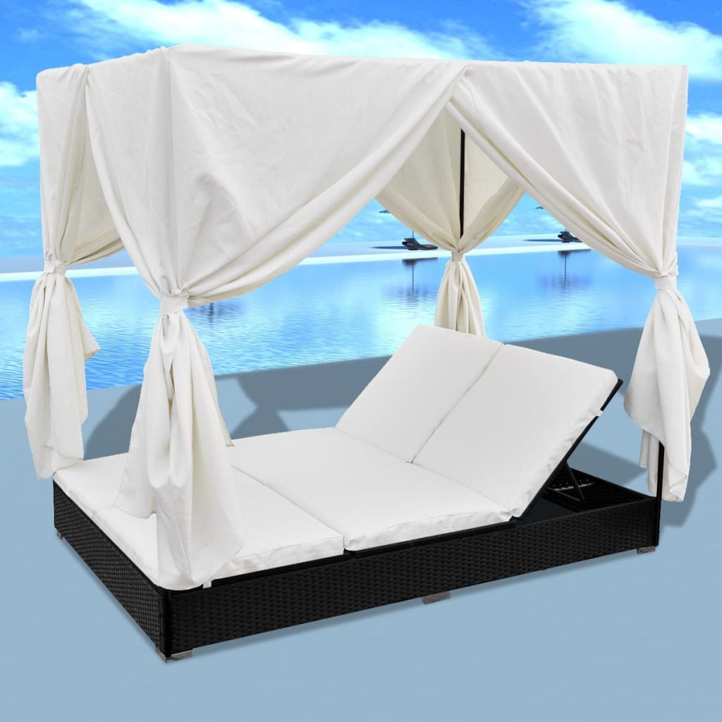 Kepooman Outdoor Poly 2-Seat Adjustable Rattan Lounge Bed with Removable Curtains for Patio Beach, Black Kepooman Outdoor Poly 2-Seat Adjustable Rattan Lounge Bed with Removable Curtains for Patio Beach, Black