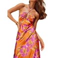 thumbnail image 2 of Orange Sleeveless Halter Maxi Dress With Vibrant Floral Print, Tie-Up Ruched Backless Cutout Design, 2 of 5