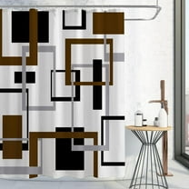 Brown Shower Curtain, Abstract Black Grey White Geometric Fabric Shower Curtain, Mid Century Modern Decor Waterproof Bathroom Curtain Shower Set with Hooks, 72 x 72