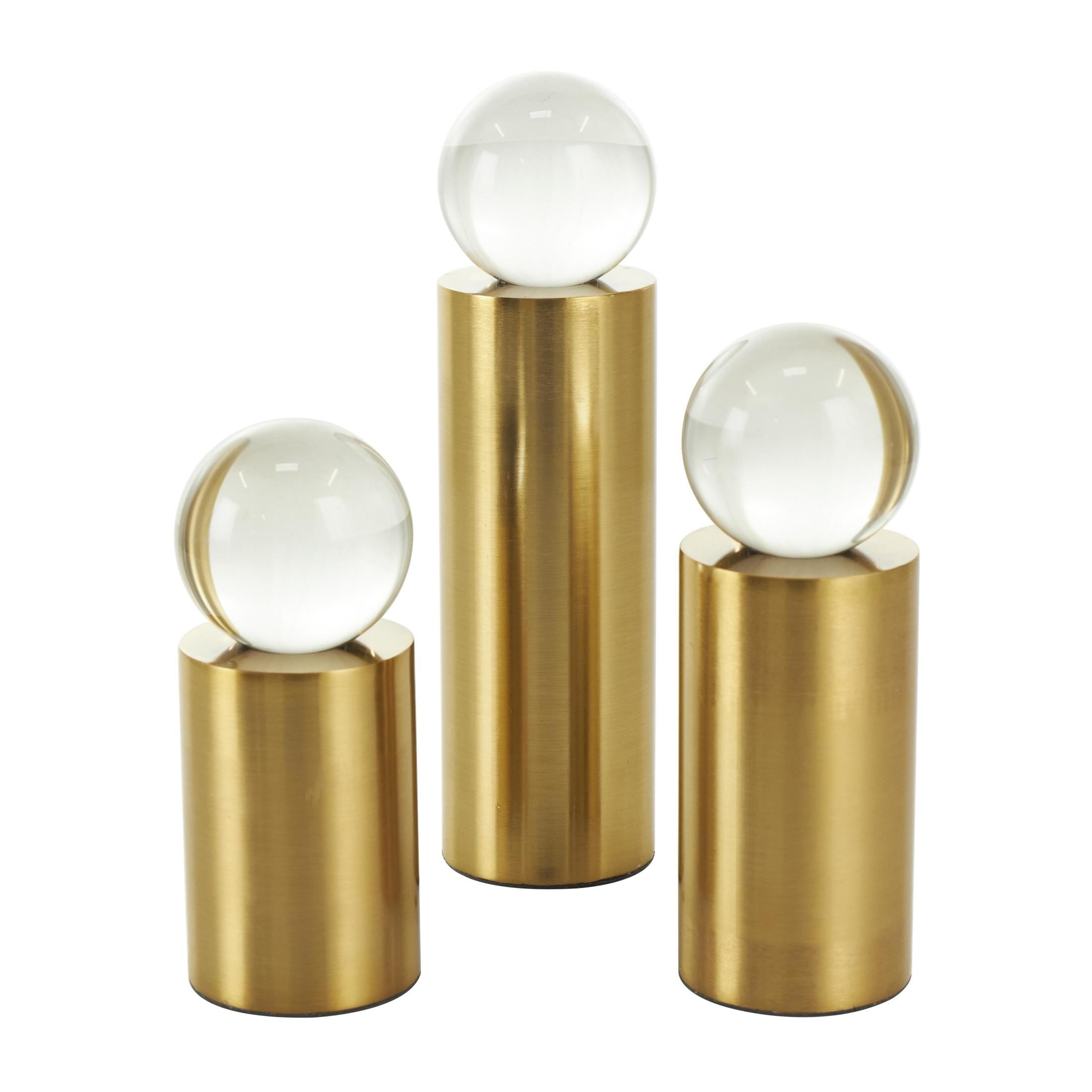 10", 8", 7"H Gold Metal Cylinder Post Geometric Sculpture with Clear Glass Orbs, by DecMode (3 Count)