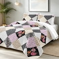 thumbnail image 2 of Davulos Patchwork Quilt Set Full/Queen Size, 3 Pieces Pink Gray Floral Plaid Summer Bedspread Coverlet Set, Soft Microfiber Reversible Lightweight Bed Cover for All Season, 2 of 9
