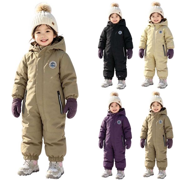Boys Girls Snowsuit Warm Hooded Outfit Fleece Lined Thick Coat Winter Casual One Size Jumpsuit for Winter Ski