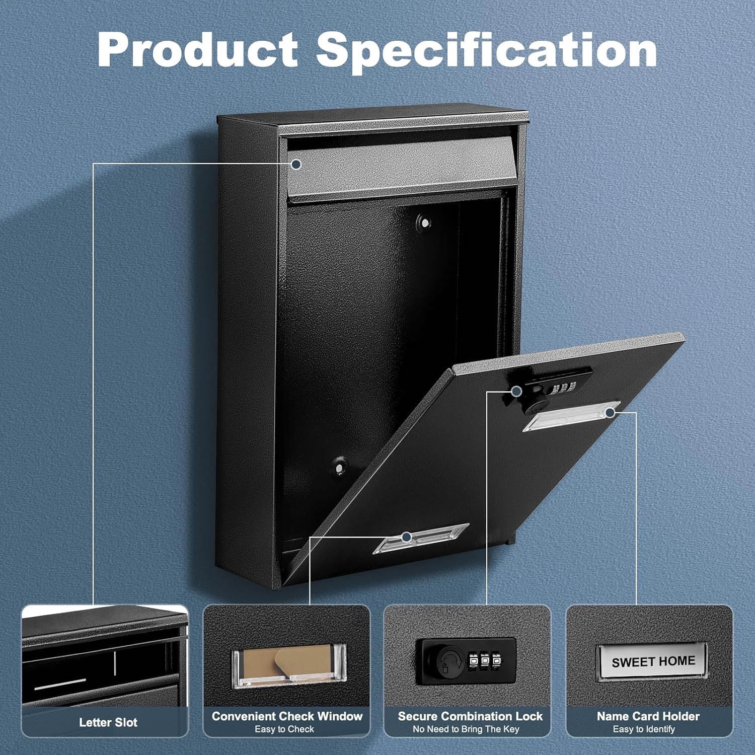 Wall-Mounted Mailbox with Combination Lock, Suggestion Box, Square & Upright Capacity, Waterproof Postbox, High Rust Resistance Letterbox, Metal Code Lock, Black