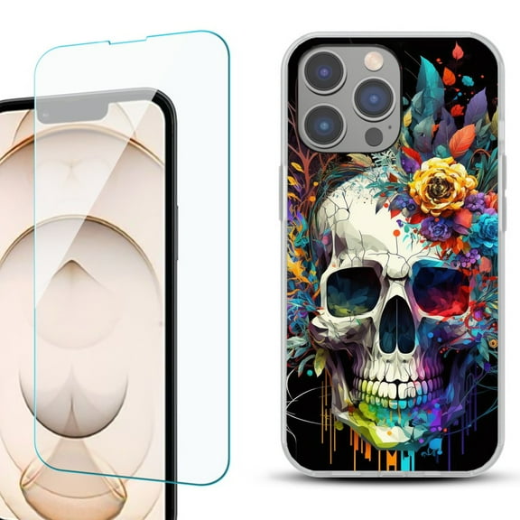 OneToughShield ® for iPhone 15 Pro Max Shockproof Fashion Phone Case, with Tempered Glass Screen Protector - Skull Flower