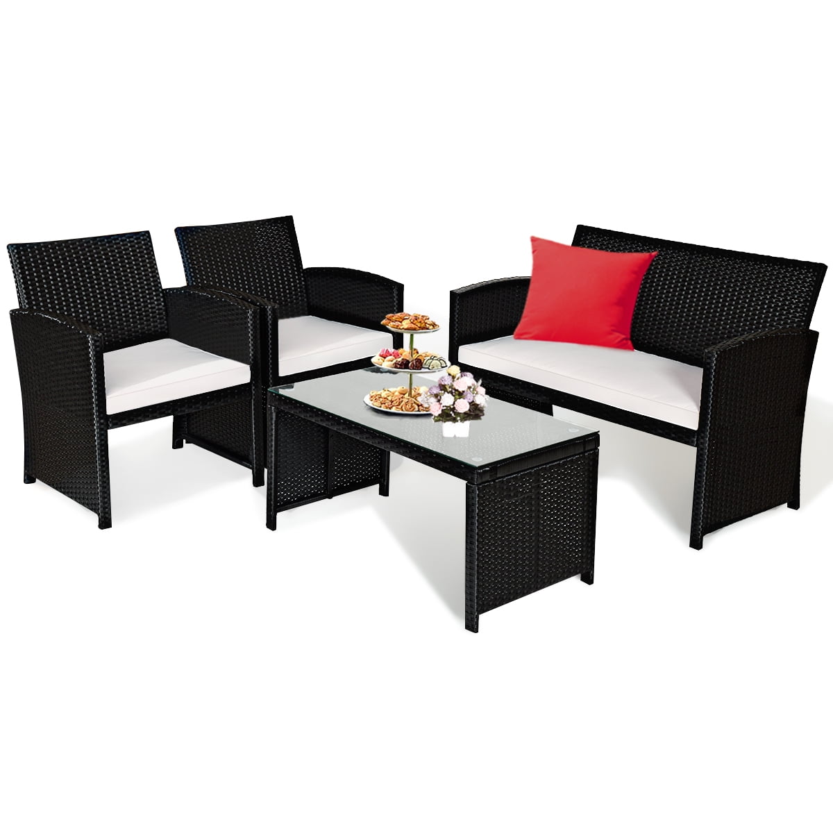 Costway 4PCS Outdoor Patio Rattan Furniture Conversation Set Cushioned Sofa Coffee Table