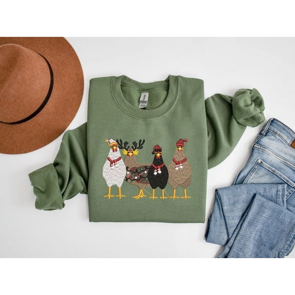 Cute Christmas Chickens Embroidered Sweatshirt