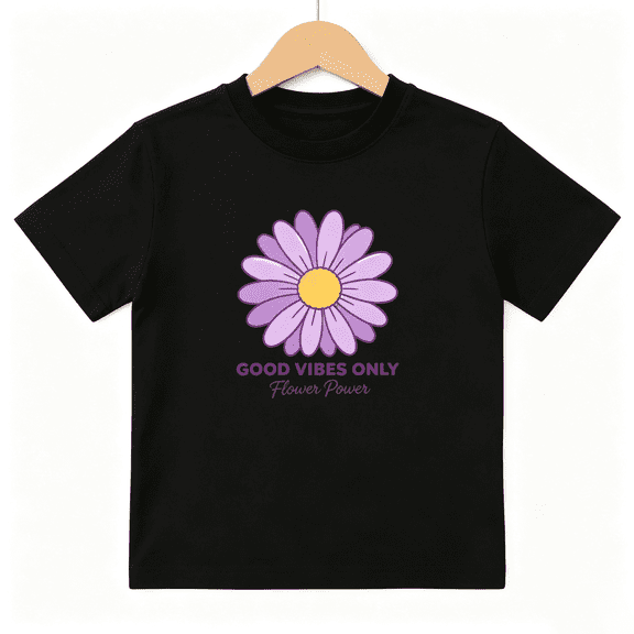 Good Vibes Only Daisy Girls Graphic Tee, Cute Retro Purple 100% Cotton Kids Short Sleeve T-Shirt 4-13Y