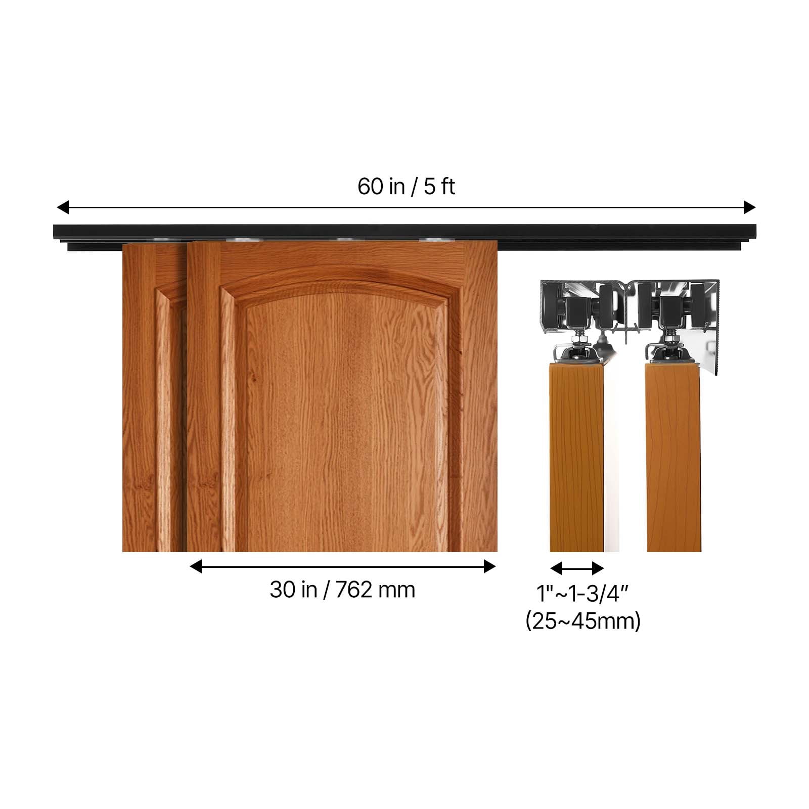KFFKFF 5 ft Aluminum Alloy Bypass Sliding Door Hardware Kit, Dual-Track System for Smooth and Quiet Operation, Easy Installation, Fits Doors 1" to 1 3/4" Thick and 30" Wide, Ideal for Closets
