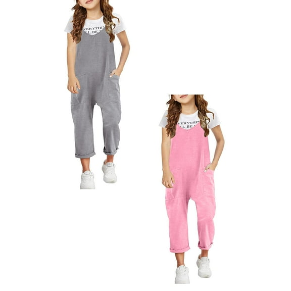 FhsagQ Jumpsuits Girls Rompers Size 10-12 Girls Casual Sleeveless Jumpsuits Spaghetti Strap Loose Overalls Rompers Long Pants with Pocket 1 Piece Overalls Rompers for Girls 10-12 XL