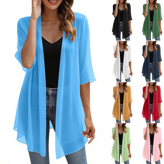 Jsaierl Women Elegant Short Sleeve Chiffon Kimono Cardigan, Loose Open Front Flowy Outerwear, Stylish Sheer Sunscreen Coat for Dating Shopping Summer Daily