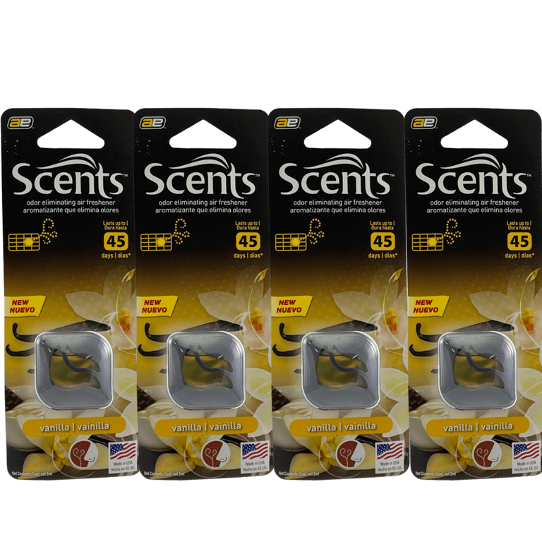 Scents Car Vent Clips Air Freshener, Automotive Air Freshener and Odor  Eliminator, Long-lasting Fragrance Up to 180 Days, Vanilla, 3 ml, 4 Pack 