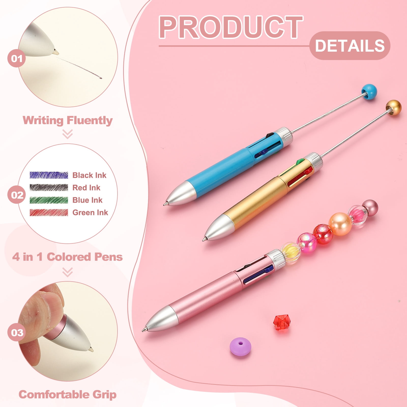 Uxcell 4 Colors Beadable Pens, 6Pcs 1.0mm Point Retractable Pen for DIY Crafts