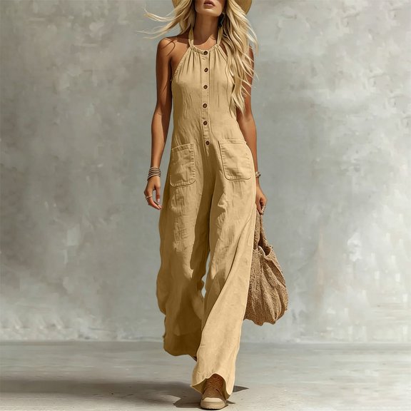 Plus Size Linen Jumpsuit Women, V-Neck Sleeveless Jumpsuit, Button Front Casual Jumpsuit Summer Loose Fit Outfit Daily Wear