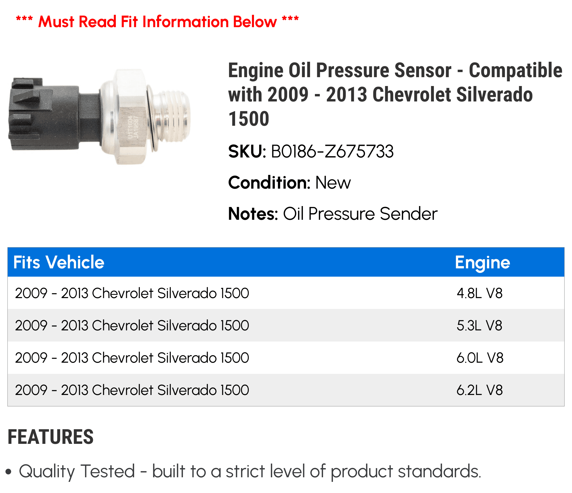 Engine Oil Pressure Sensor - Compatible with 2009 - 2013 Chevy Silverado 1500 2010 2011 2012