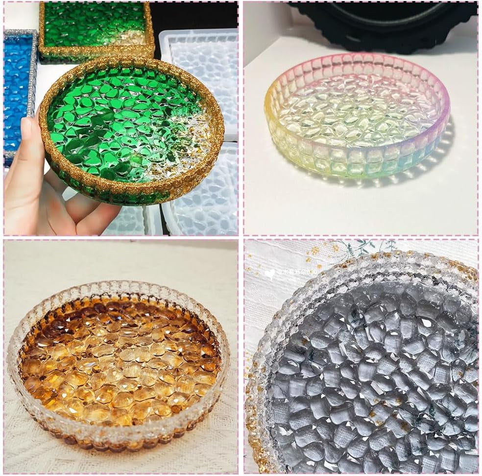 ABCISI 2 Pcs Diamond Resin Tray Molds, Round Tray Mold with Edges, Container Tray Plate Silicone Molds for Epoxy Resin DIY Jewelry Plate Box Candle Holder