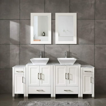 72" Bathroom Vanity Cabinet Double Sink Solid Wood Marble Top w/Sink,Mirror,Faucet&Drain,White