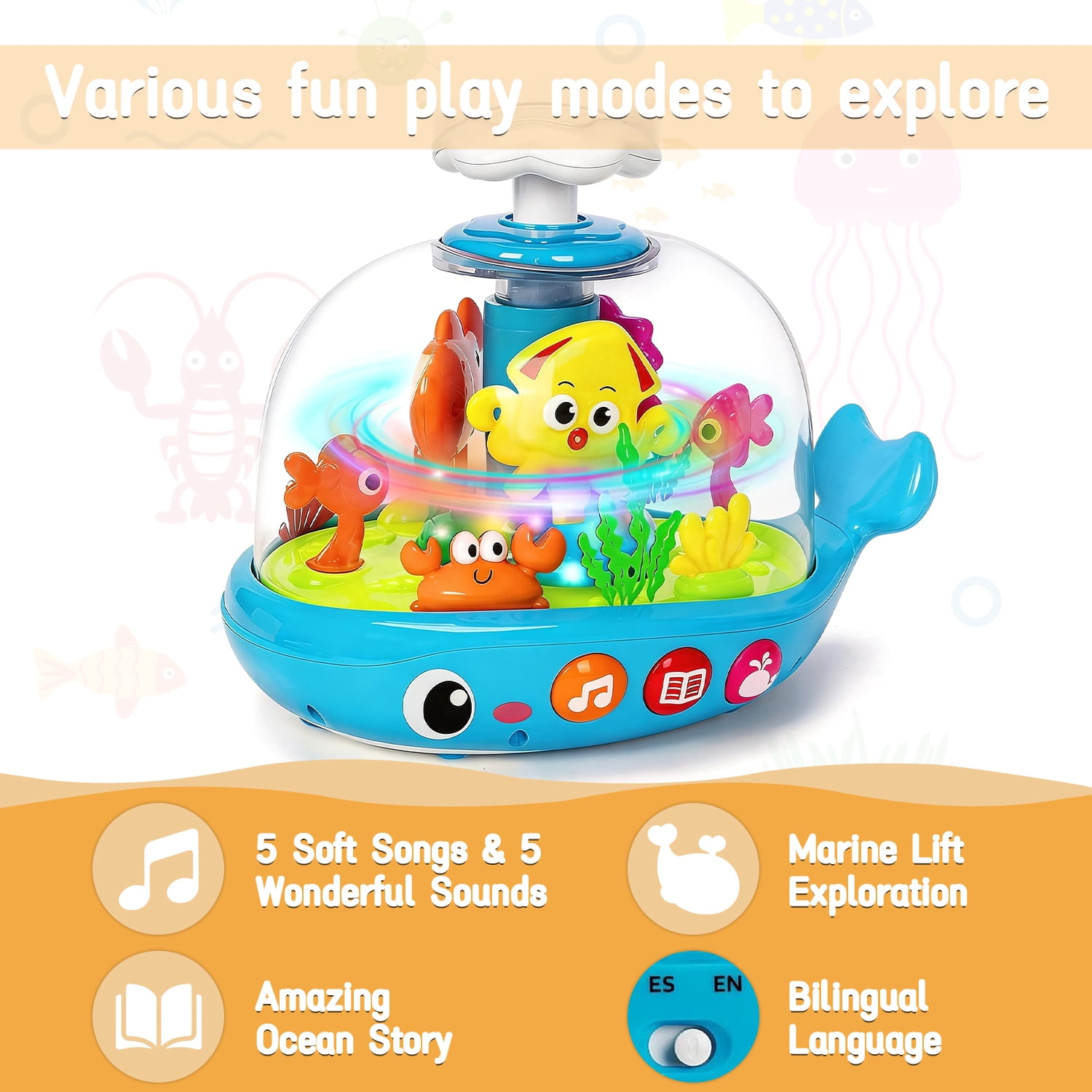 Aijohnny Baby Musical Aquarium Toy, Press to Glow & Spin Infant Toy, Newborn Gift for Kids 6-12 Months