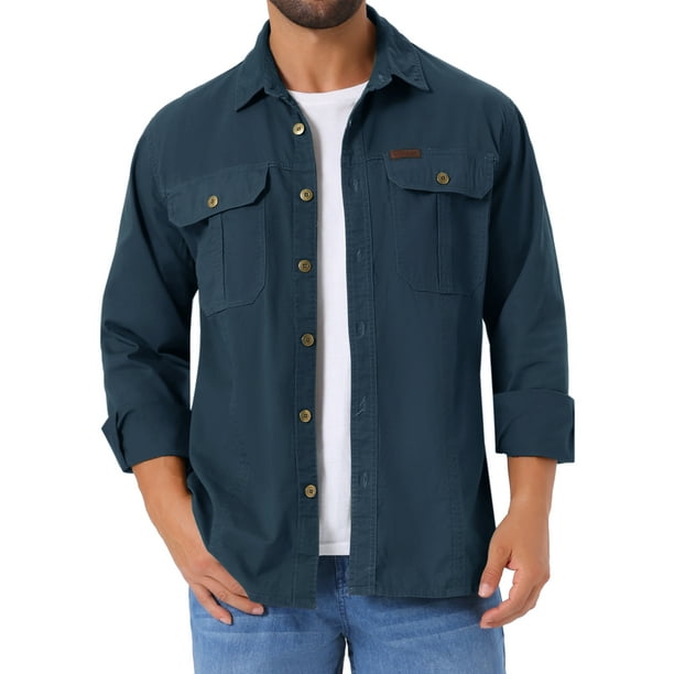 INSPIRAR CHIC Camisas de trabajo casuales para hombres de manga larga con botones, bolsillos, para pesca y senderismo, L Azul oscuro