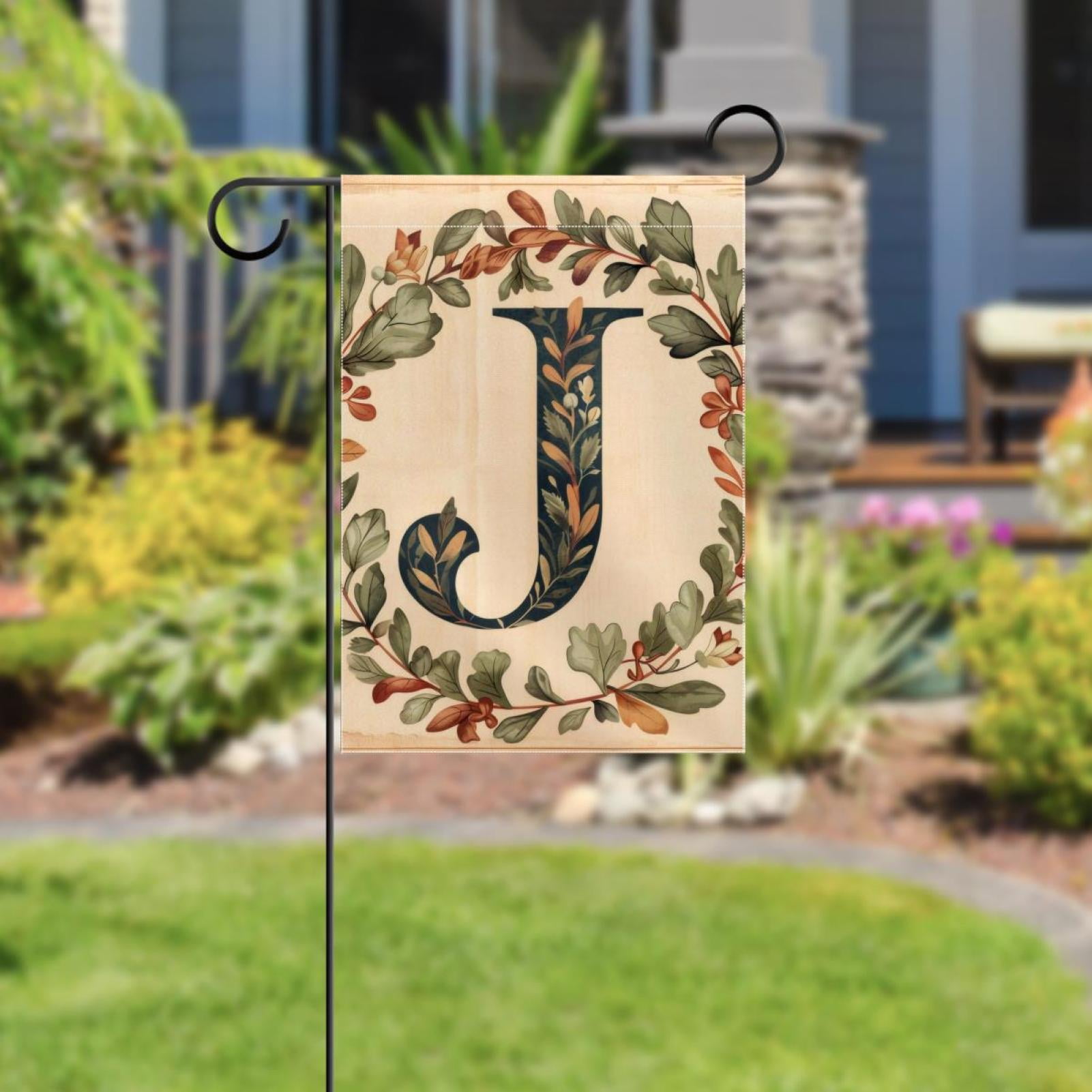Welcome Letter J with Wreath Retro Pattern Garden Flag, Vertical Double Sided Small House Flag, Yard Farmhouse Outdoor Deck Veranda Lawn Decor 28x40 Inch