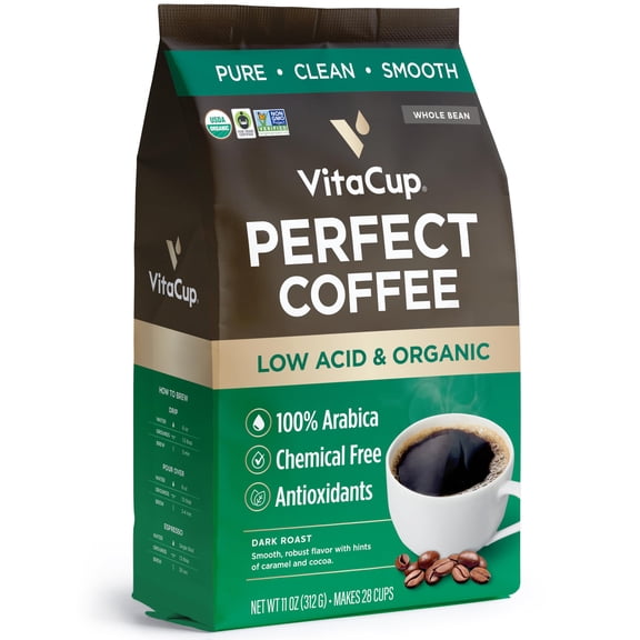 VitaCup Perfect Low Acid Coffee Beans, USDA Organic & Fair Trade, Mycotoxin Free, Dark Roast Guatemala Single Origin, Clean & Pure, Low Acidity, Whole Bean Coffee, 11 ounces