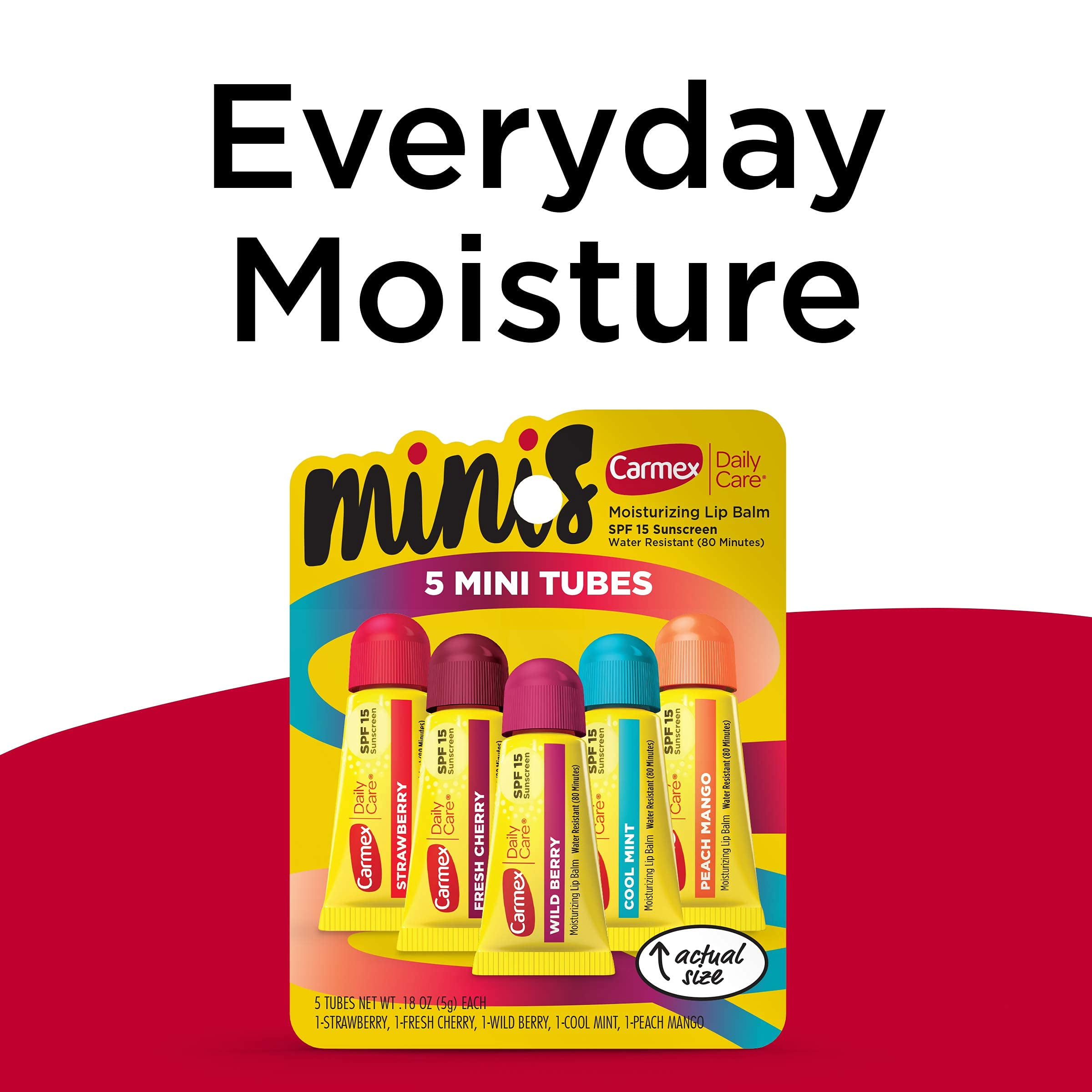 Carmex Daily Care Minis RE32Moisturizing Lip Balm Tubes with SPF 15 Strawberry Cool Mint Wild Berry Peach Mango and Fresh Cherry Lip Balm Pack 018 OZ Each 5 Count Pack of 3
