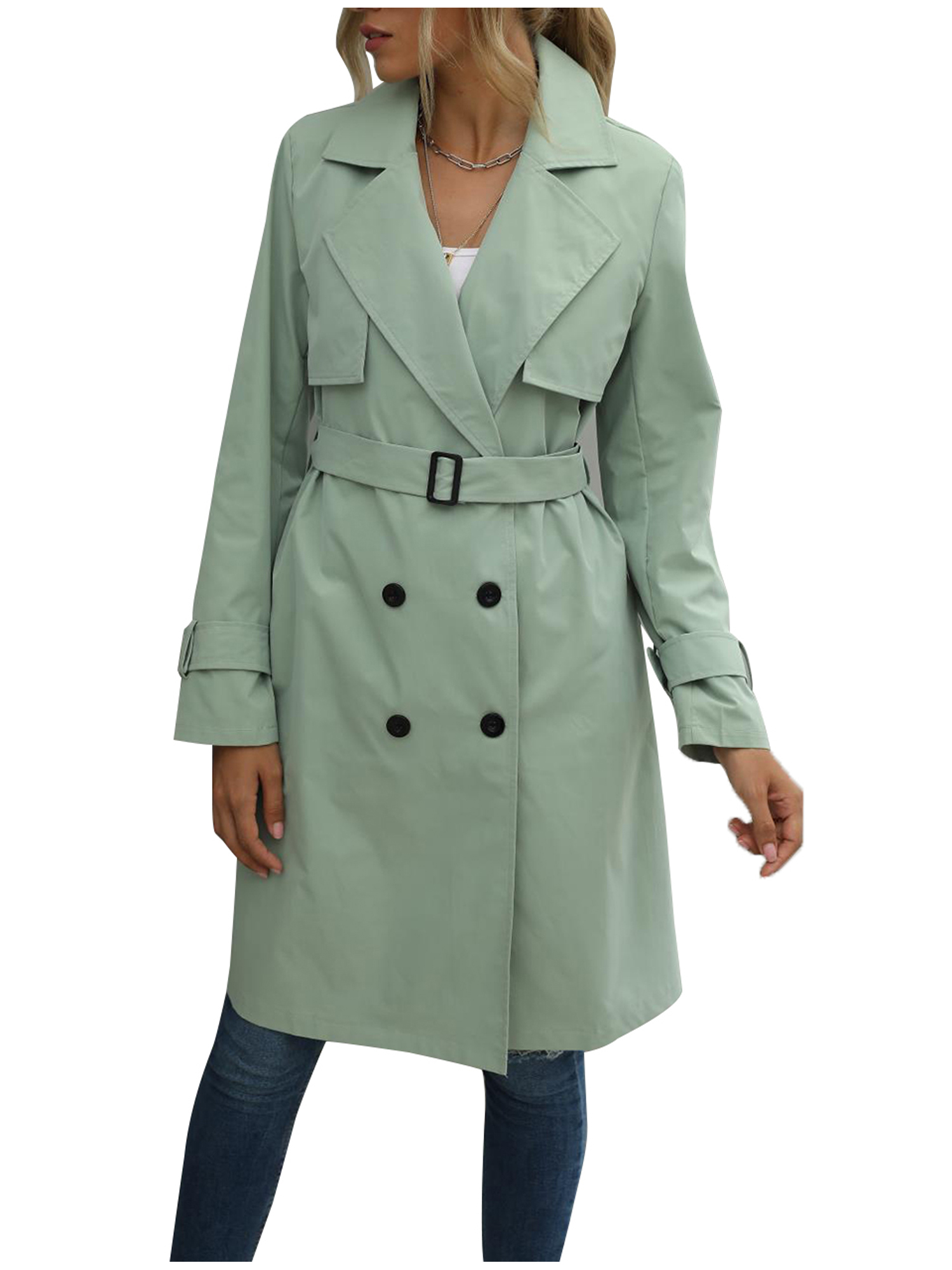 Spring hue Women Jacket Long Sleeve Lapel Double Breasted Belted Trench Coat - image 4 of 6