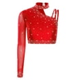 thumbnail image 1 of Kaerm Womens Shiny Rhinestone Dance Top Asymmetrical Shoulder Long Sleeve Figure Skating Costume Crop Top Red S, 1 of 5