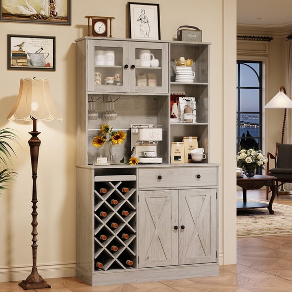 Coffee Bar Cabinet with Power Outlet & Exquisite Barn Doors, Sideboard Buffet Cabinet with Wine Bottle Rack, Storage Cabinet for Kitchen, Dining Room,Grey