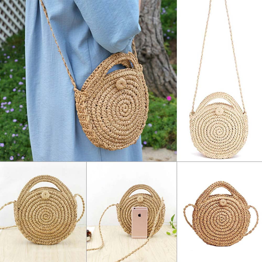 New Summer Beach Women Straw Bag Handmade Bamboo Handle Crossbody Shoulder Bags 
