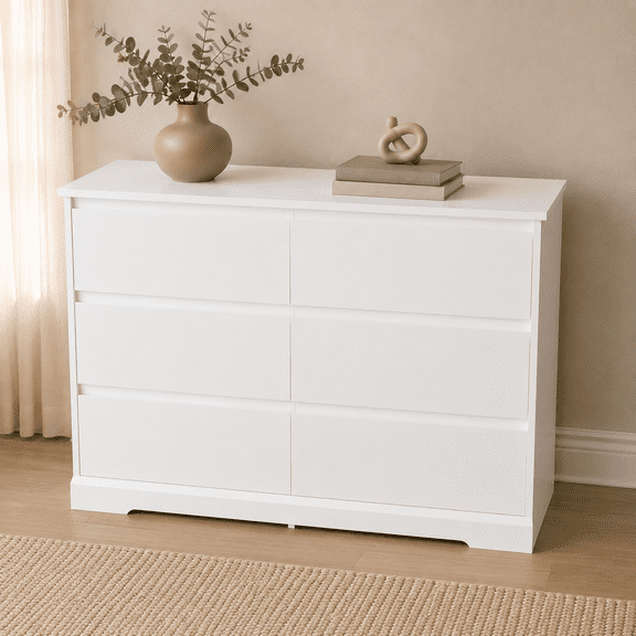 SUGIFT 6-Drawer Wide Dresser, Modern Wood Storage Chest of Drawers for Bedroom, Living Room, Closet, White