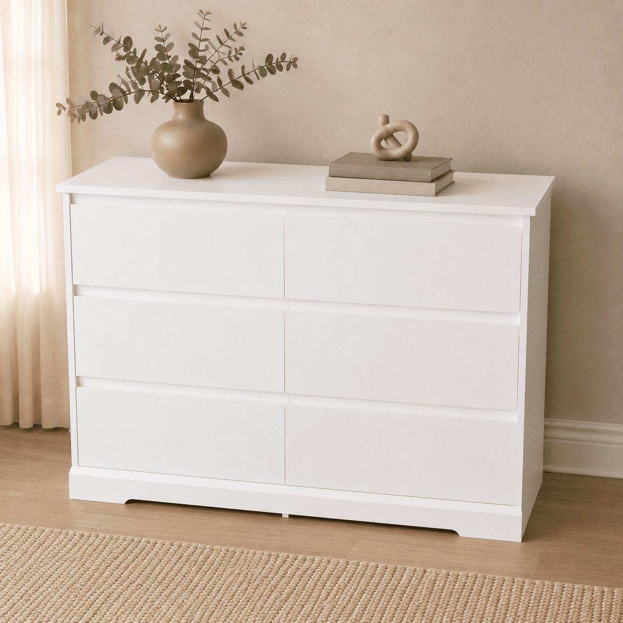 SUGIFT 6-Drawer Wide Dresser, Modern Wood Storage Chest of Drawers for Bedroom, Living Room, Closet, White