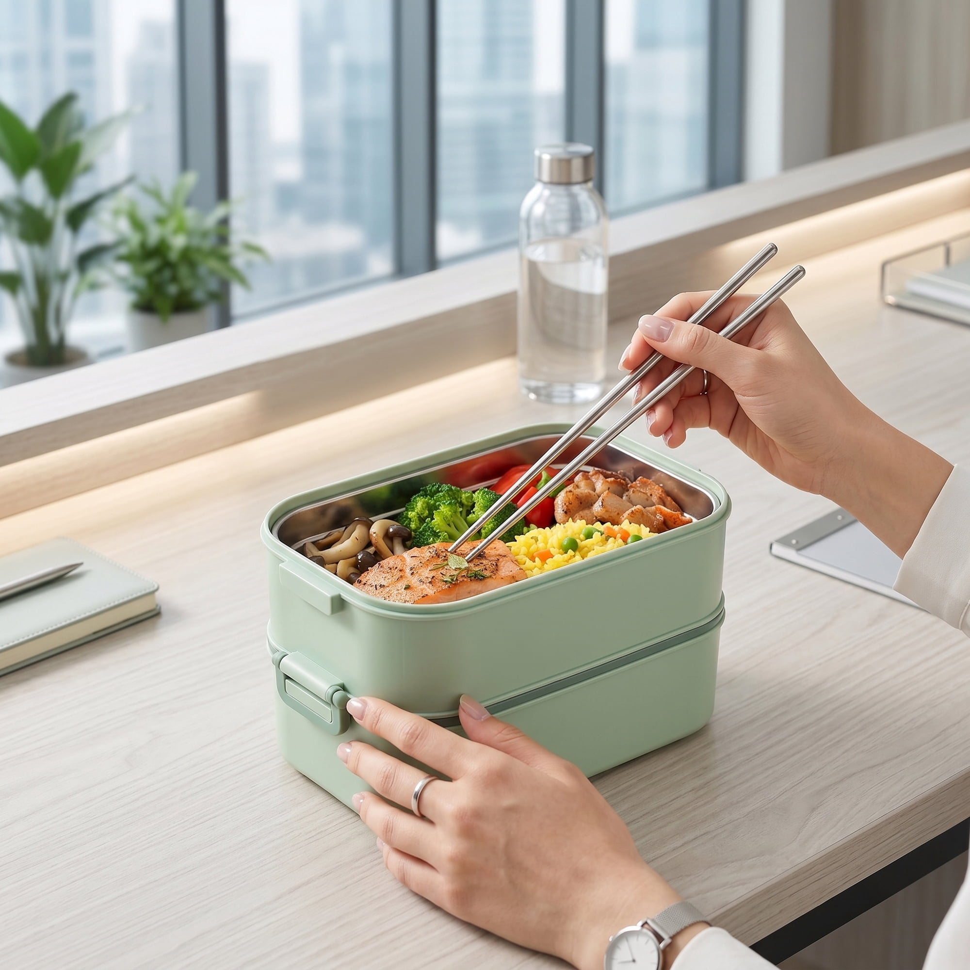 Unique Bargains 316 Stainless Steel Leak-Proof Meal Prep Bento Box Green-2 Layer