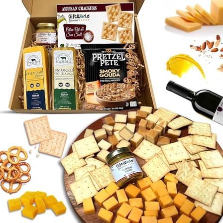 GiftWorld Cheese Gift Basket Bundle with 5 Gourmet Items for Men, Women and Holiday Gifting