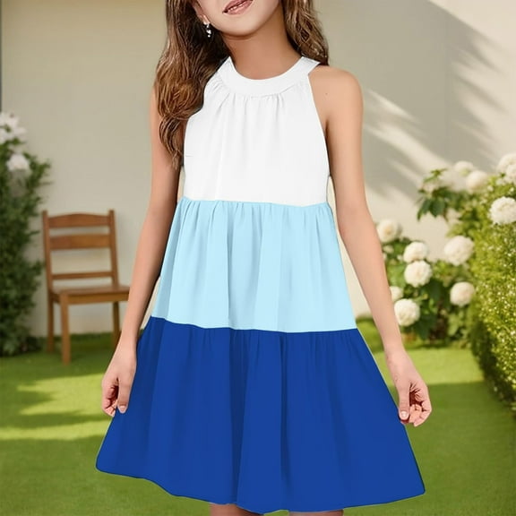 Spazoro Toddler Girls A-Line Dress, Color Block Sleeveless Round Neck with Tie Straps Princess Dresses for Child Girls Light Blue Size 4-5T