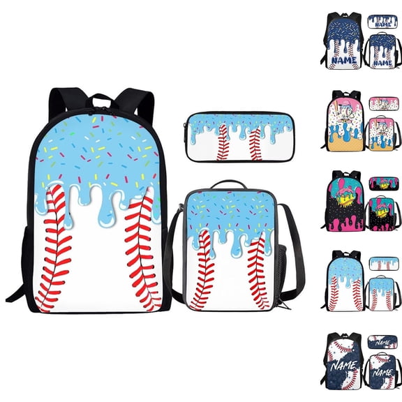 JCCXIN Kids School Backpack For Boys Girls Ice-Cream Baseball Graphic With Lunch Box Pencil Case 3 PC Sets Primary Middle High School College Backpacks Lightweight Large Capacity Funny Bags,Sky Blue
