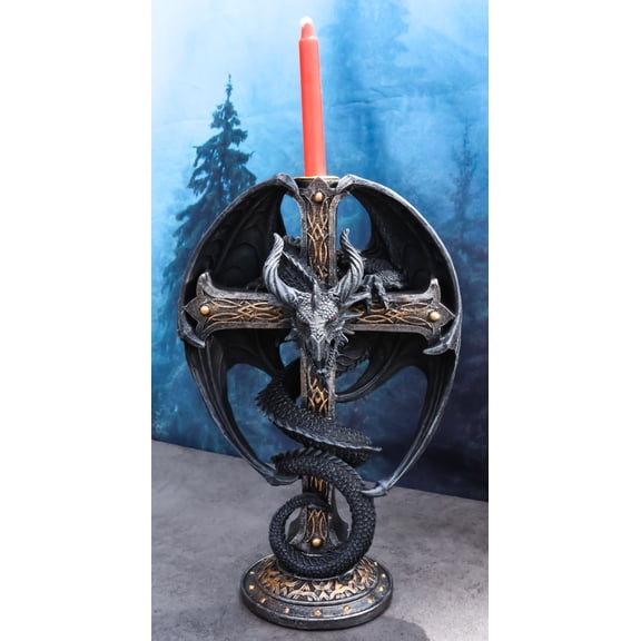 Medieval Fantasy Altar Drake Dragon Coiled On Celtic Knotwork Cross Candleholder