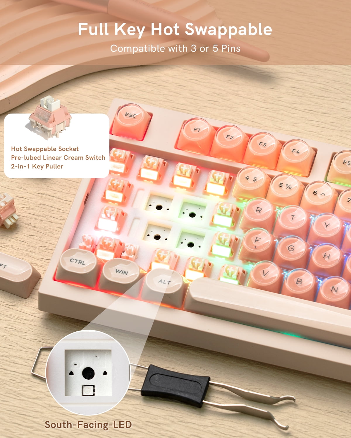 Wireless Mechanical Keyboard, 75% Layout Creamy Keyboard with Knob, Jelly Keycaps, Hot Swap Gasket Custom Structure, Pre-lubed Switches, RGB Backlit, Bluetooth/Type-C/2.4G