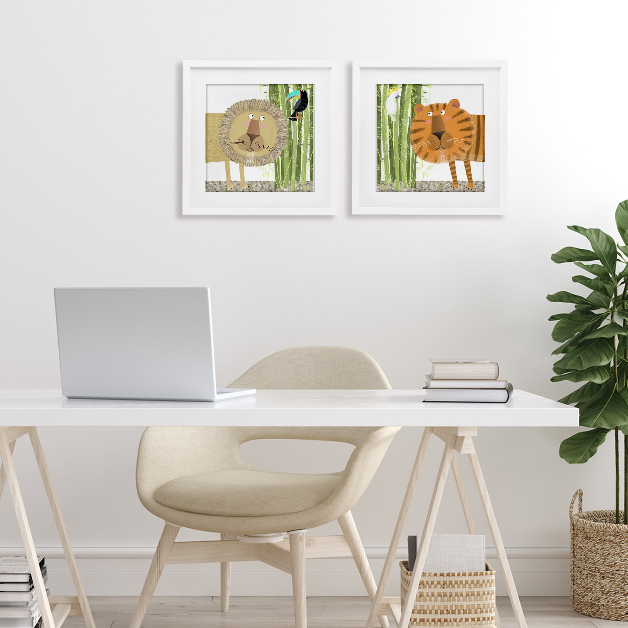 Stupell Industries Bamboo Trees & Animals 2 Piece White Framed Print Under Glass Set, design by Carla Daly
