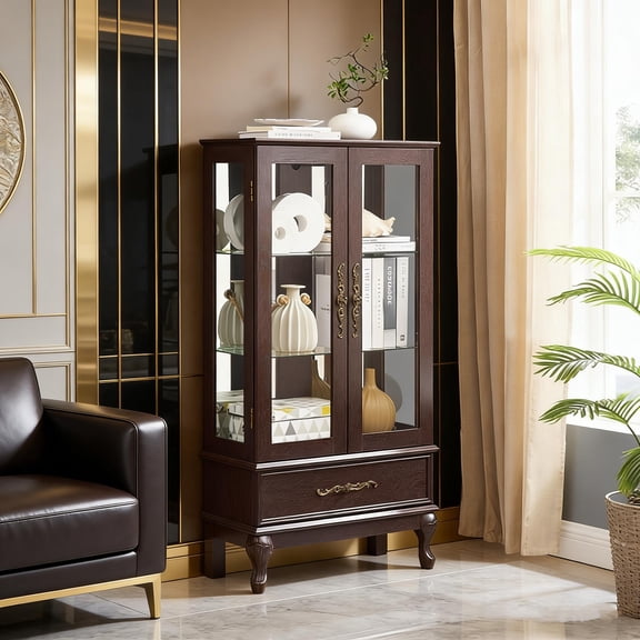 Dark Cherry Curio Cabinet with Lighted Glass Doors and Adjustable Glass Shelves, Wine Storage and Display Cabinet with Drawer