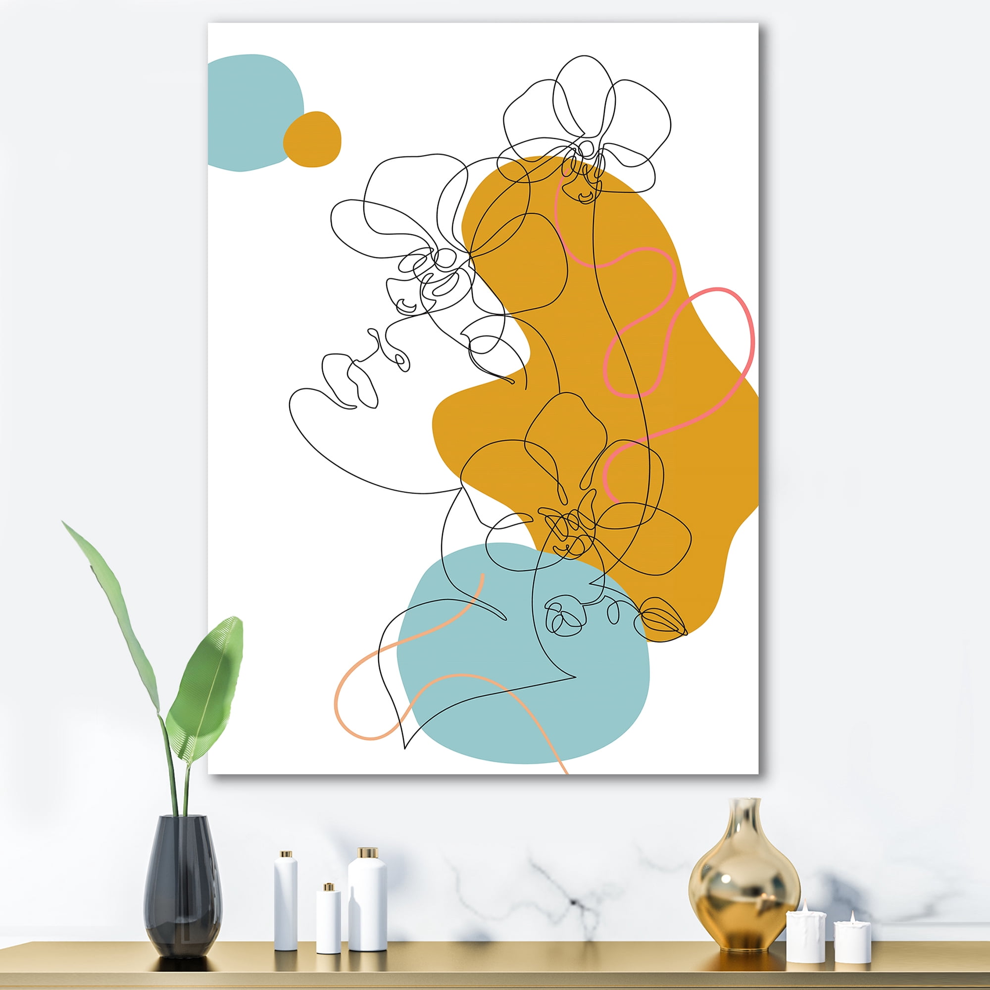Designart ' Beautiful Woman Portrait With One Line Drawing ' Modern Canvas Wall Art Print