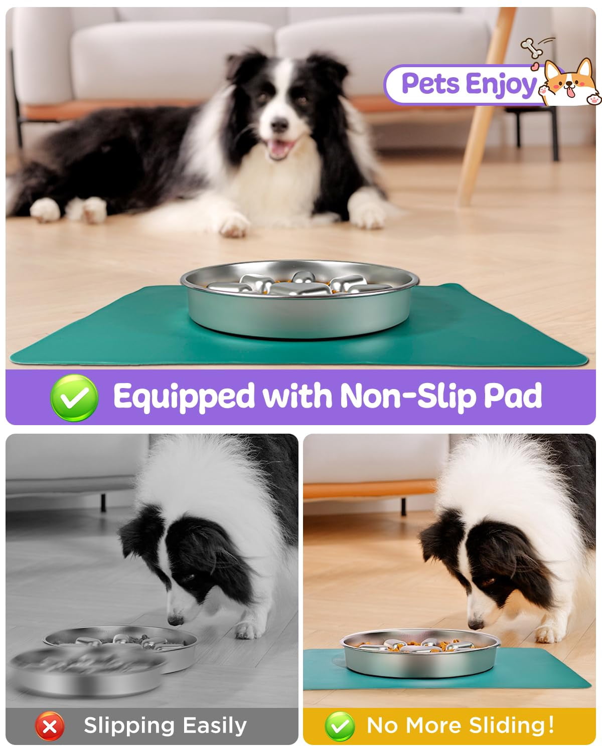 Slow Feeder Dog Bowl, Stainless Steel Pet Bowl for Fast Eaters, Non Slip Mat Included, 2 Cup Capacity for Small Medium Dogs, Slows Down Eating to Preent Choking Bloat, Dishwasher Safe, Gray