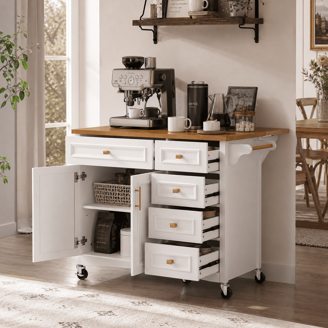 Homy Casa 52" Rolling Kitchen Island Cart with Drop Leaf, Storage Cabinet, 5 Drawers and Towel Bar, White